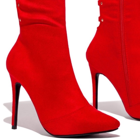 Red High Heel Open Back Corset Lace Up Thigh High Boots - Picture 6 of 13